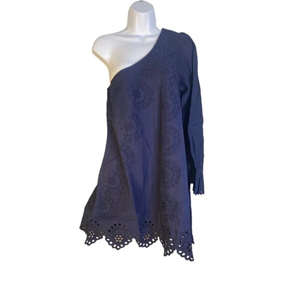 Hill‎ House Womens Mila One Shoulder Embroidered Dress in Navy Linen Size Small - Picture 2 of 10